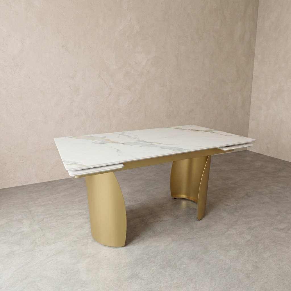 Стол Атриум раскладной, столешница керамогранит, опорах золото металл, 140 (200) * 80 см